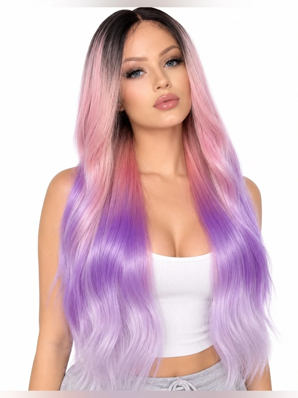 Long Ombre Pink to Purple Synthetic Lace Front Wig - middle part 26 inches long